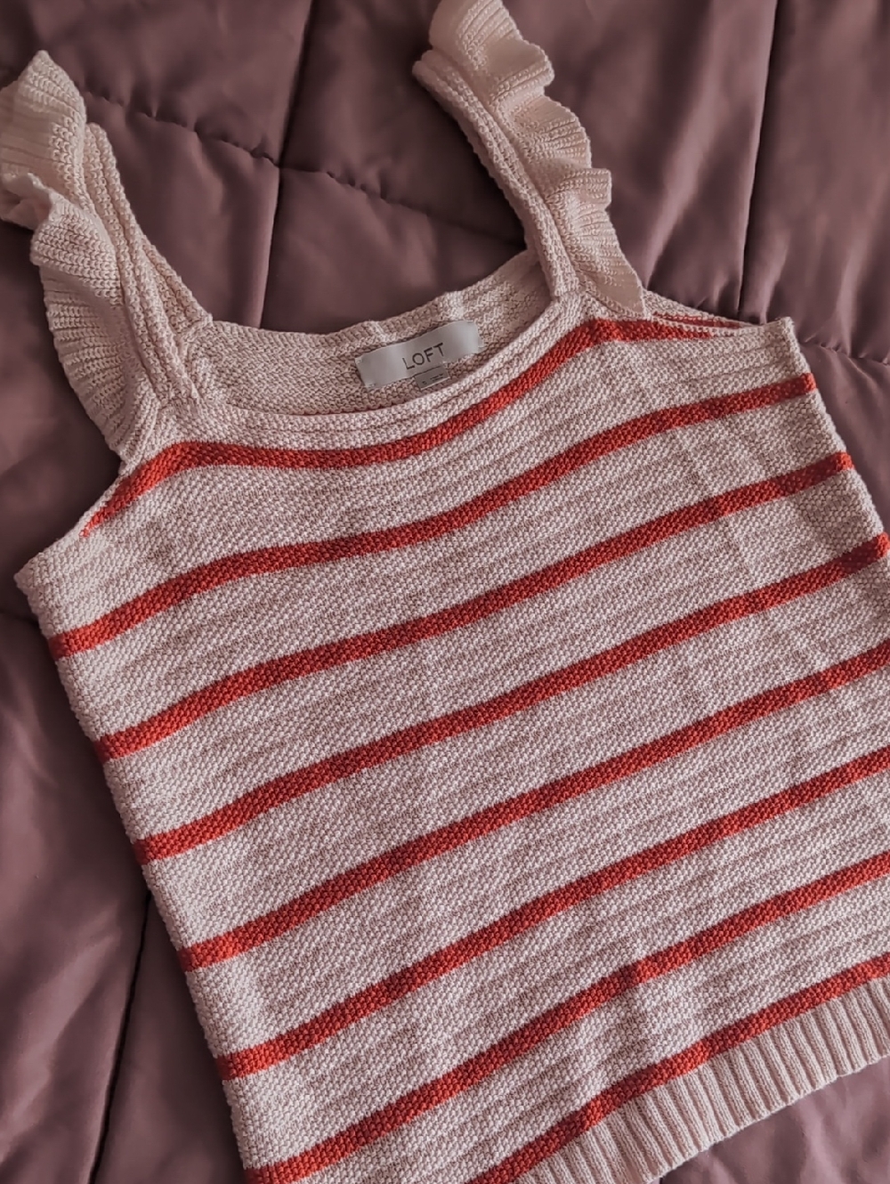 LOFT Small Cotton Cream and Coral Striped Knit Tank Top